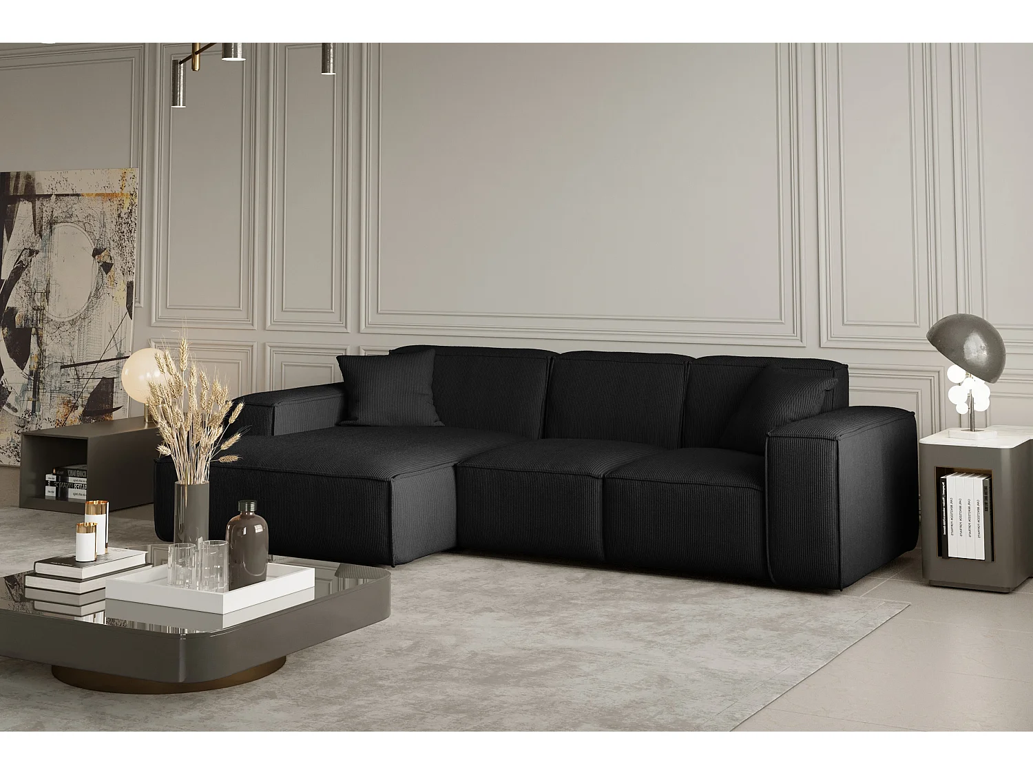 Canapé d'angle PULA en L, tissu Scala, noir, gauche