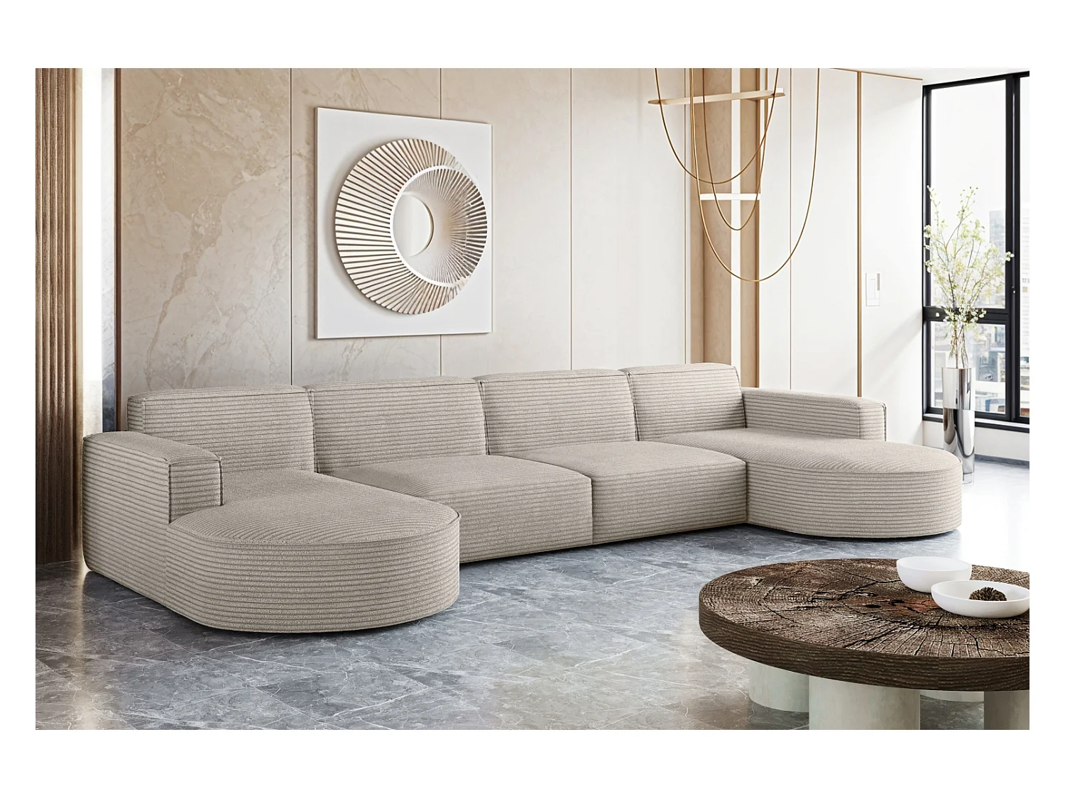 Canapé d'angle, Modena U XL, tissu Poso, beige