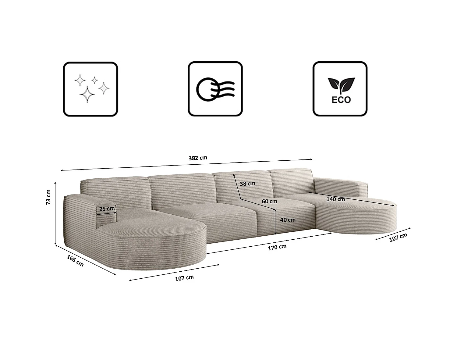 Canapé d'angle, Modena U XL, tissu Poso, beige