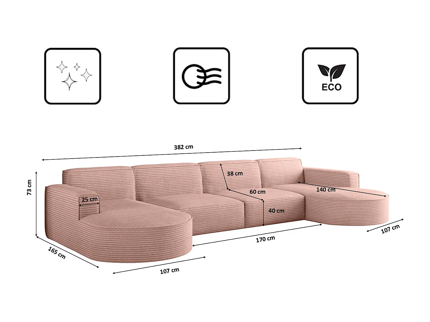 Canapé d'angle, Modena U XL, tissu Poso, rose