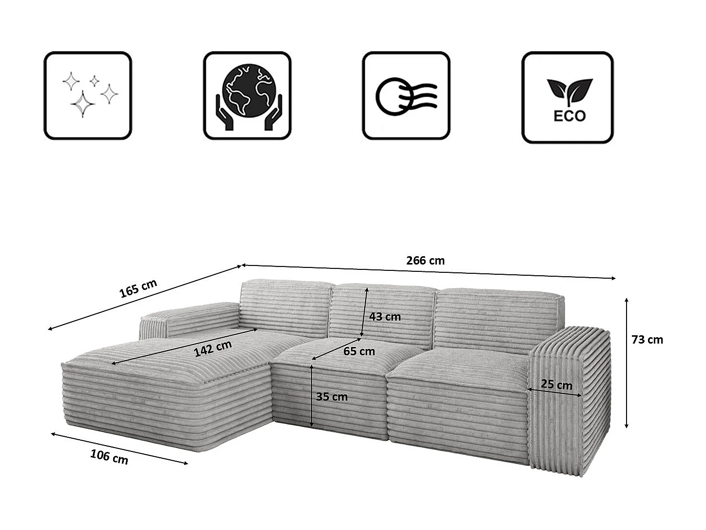Ecksofa L-Form Siena Stoff Velo Hellgrau Links