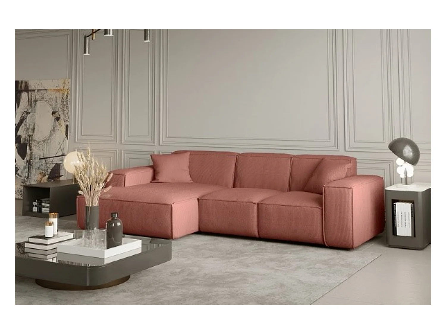 Canapé d'angle PULA en L, tissu Scala, saumon, gauche