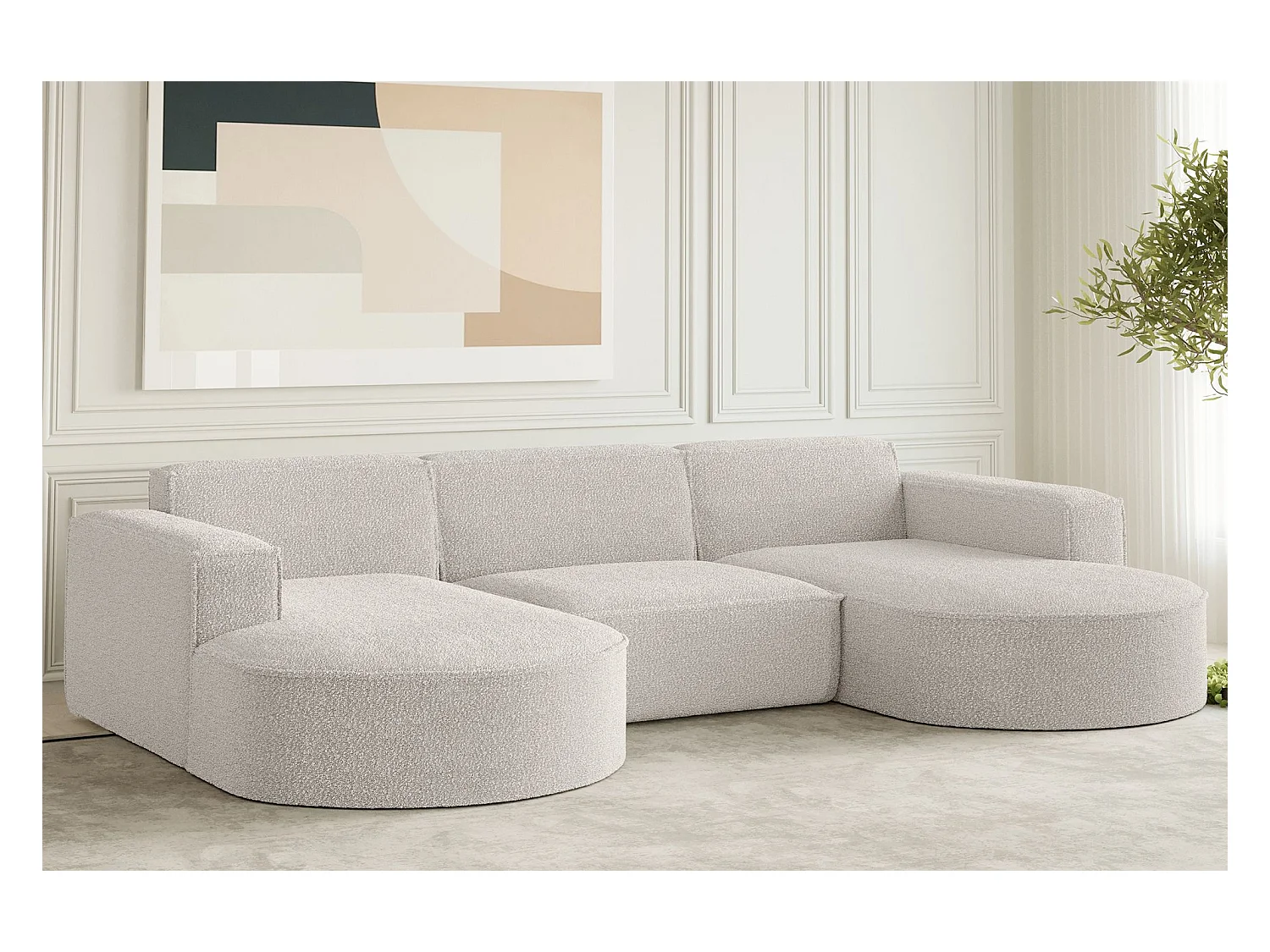 Divano angolare di design, divano a U MODENA tessuto Loop Cream