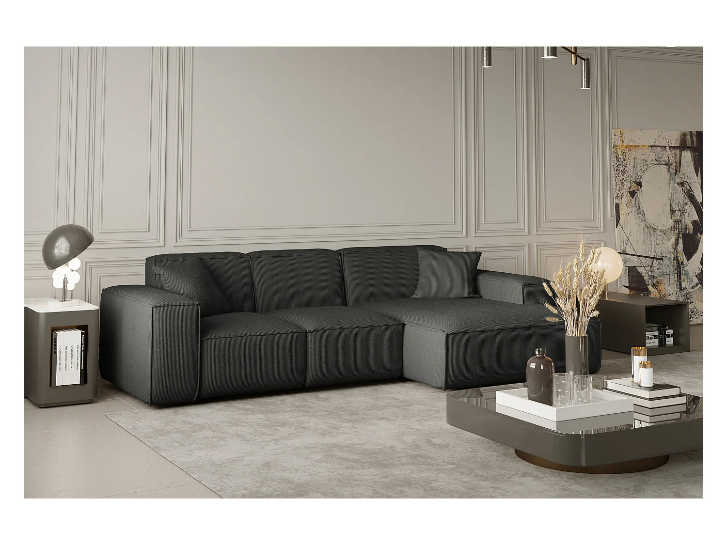 Canapé d'angle PULA en L, tissu Scala, anthracite, droit