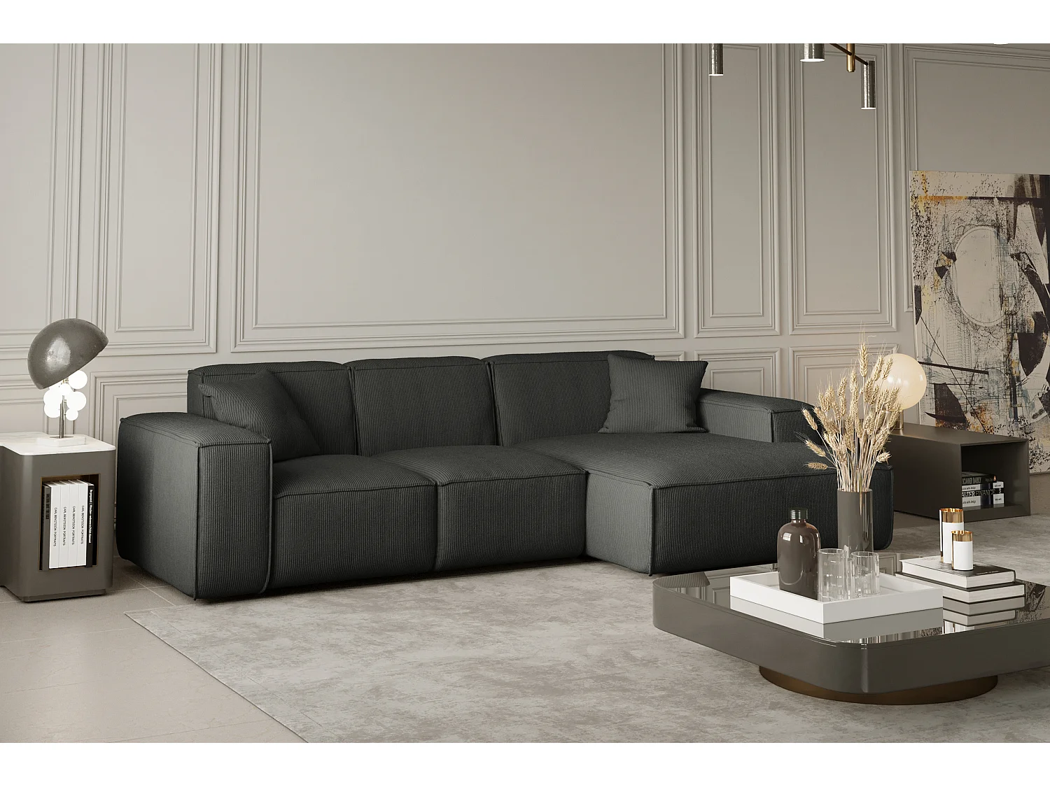 Canapé d'angle PULA en L, tissu Scala, anthracite, droit