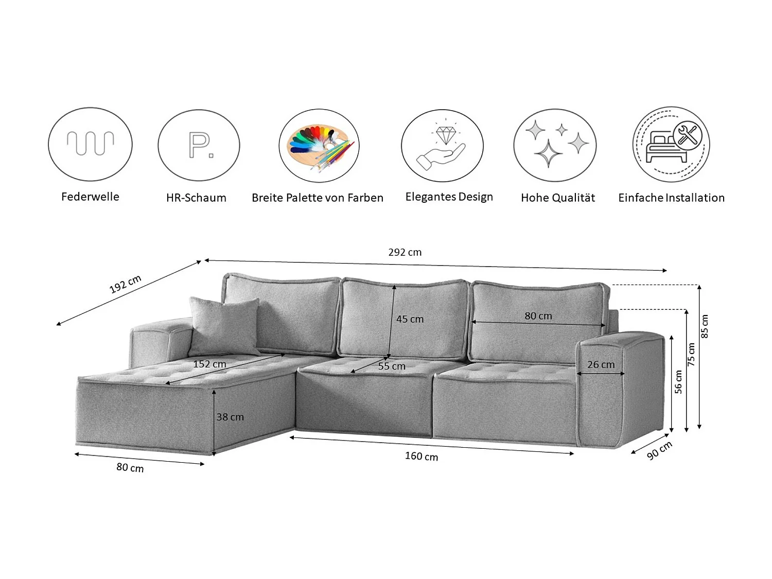Canapé d'angle Bohoo Maxi en L, tissu Raven, gris, gauche