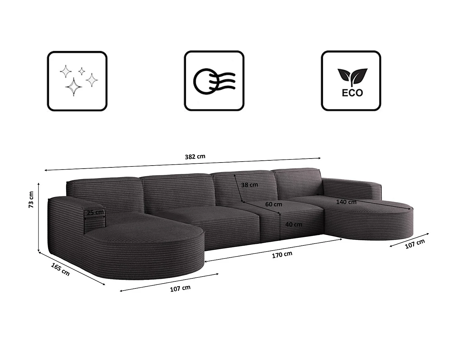 Canapé d'angle, Modena U XL, tissu Poso, gris foncé