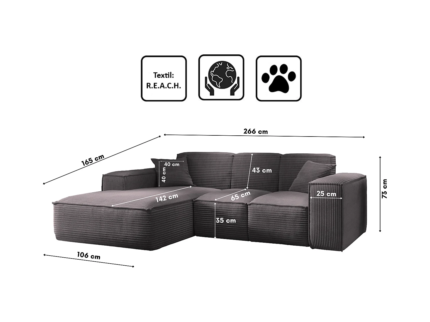 Canapé d'angle, canapé d'angle en L, salon, tissu SIENA, canapé Poso, gris foncé, gauche