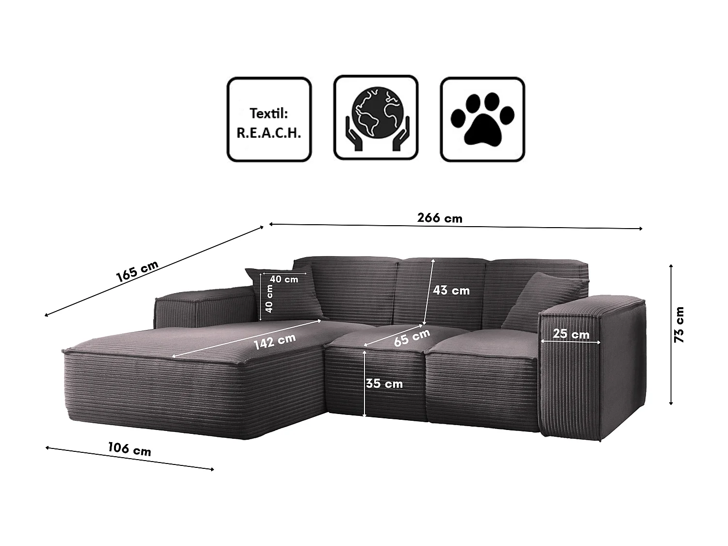Canapé d'angle, canapé d'angle en L, salon, tissu SIENA, canapé Poso, gris foncé, gauche