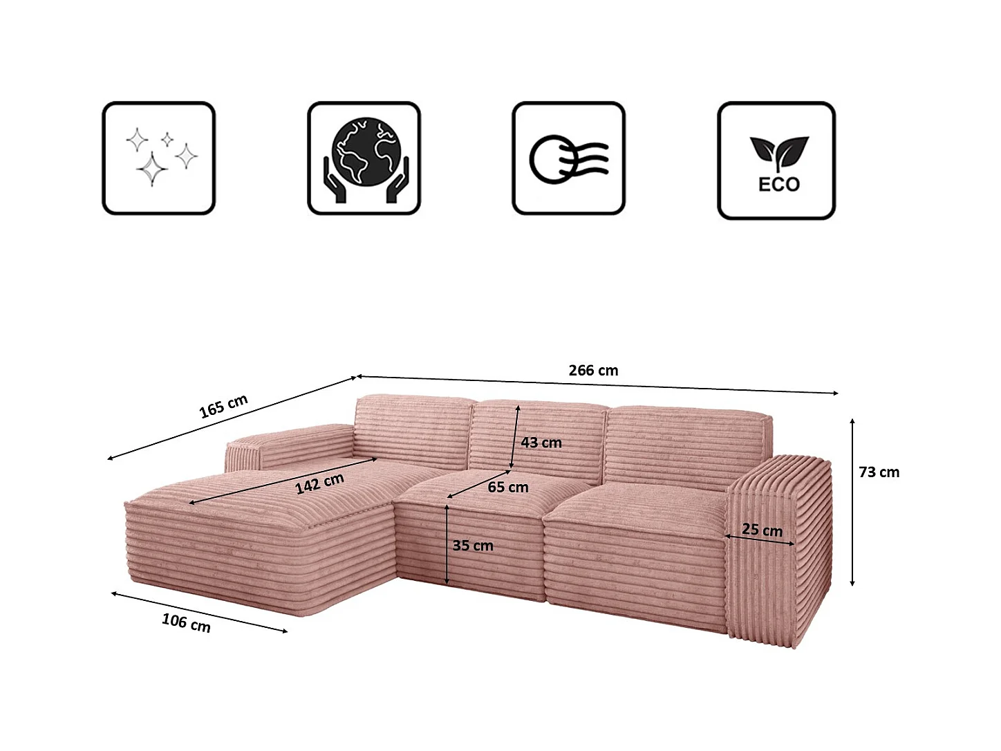 Ecksofa L-Form Siena Stoff Velo Rosa Links