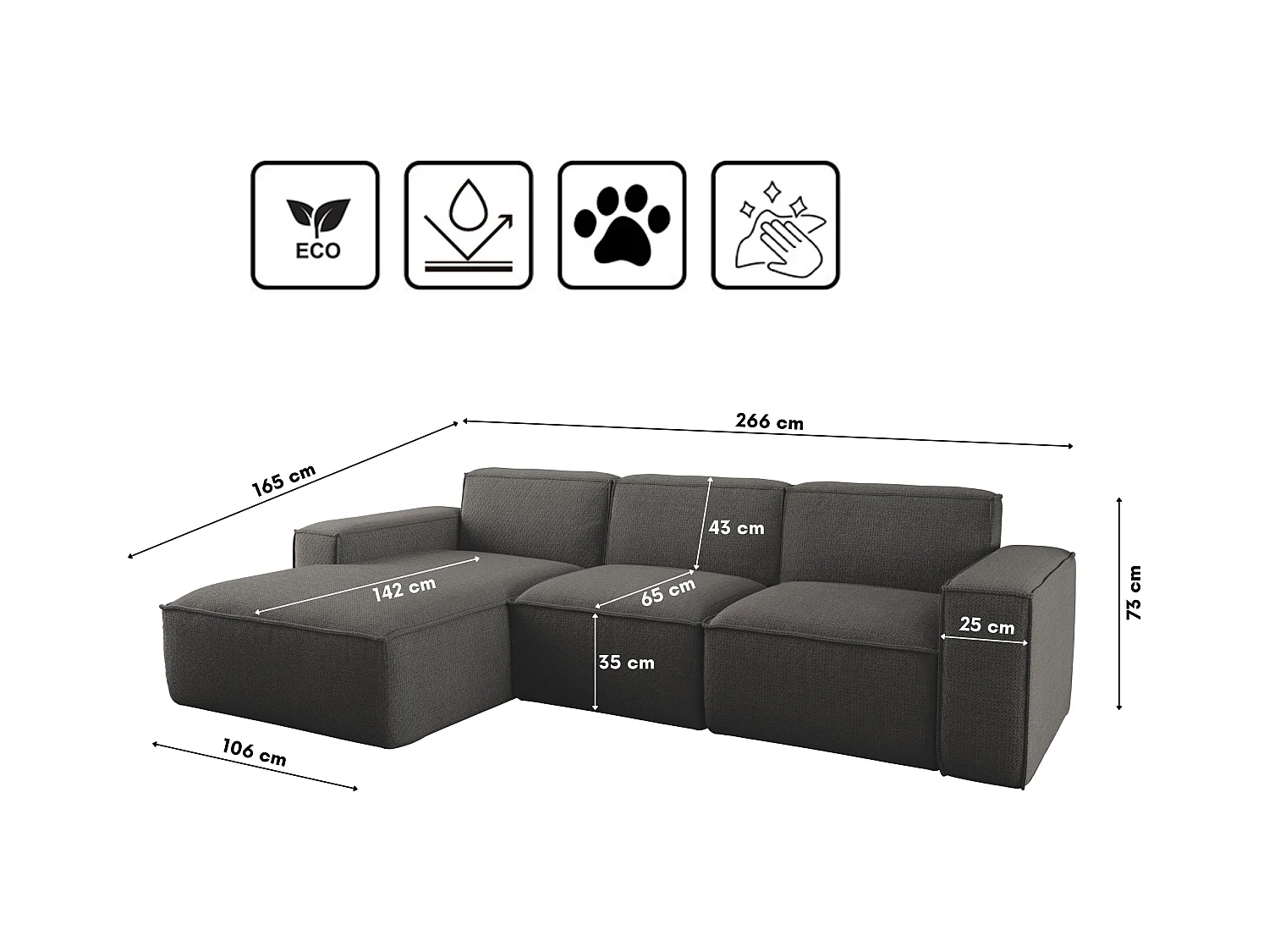 Canapé d'angle forme L Siena tissu Artico anthracite gauche