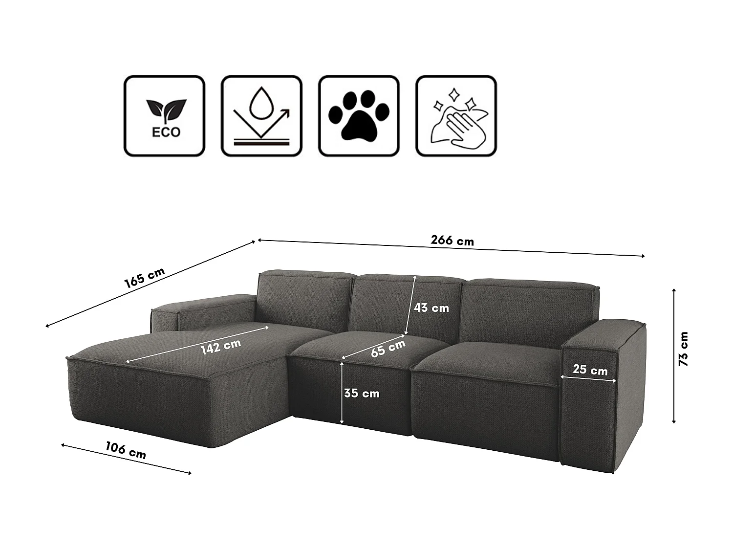 Canapé d'angle forme L Siena tissu Artico anthracite gauche