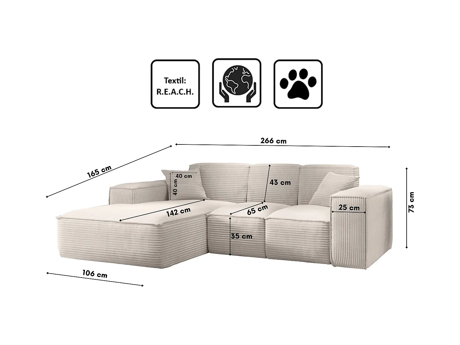 Canapé d'angle, canapé d'angle en L, salon, canapé SIENA en tissu Poso, beige, gauche