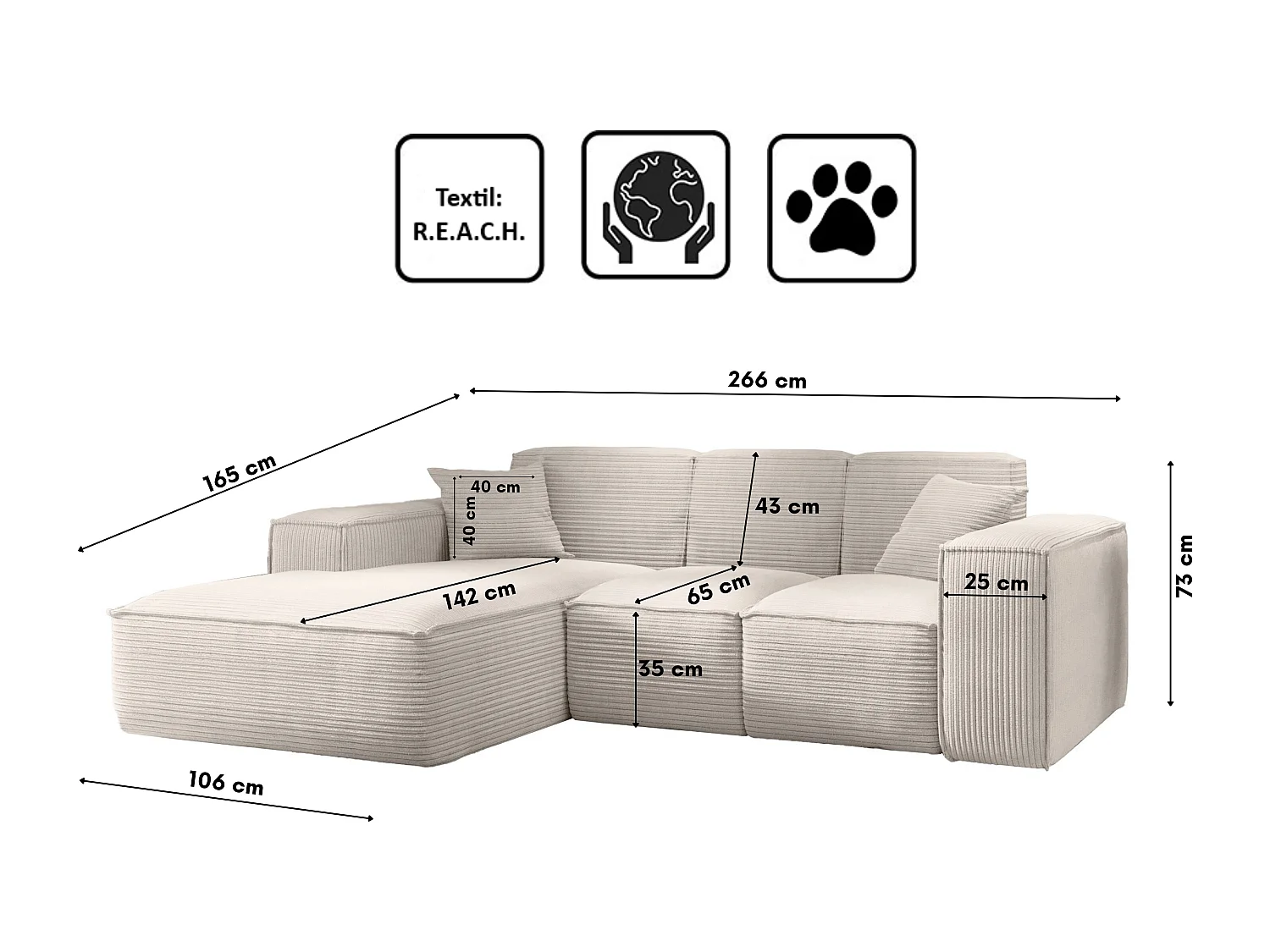 Canapé d'angle, canapé d'angle en L, salon, canapé SIENA en tissu Poso, beige, gauche