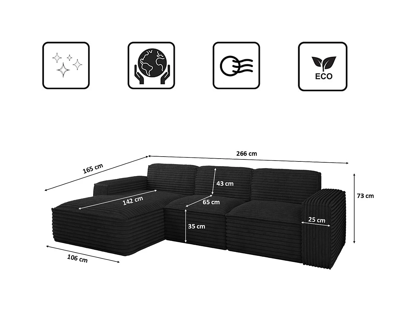 Ecksofa L-Form Siena Stoff Velo Schwarz Links