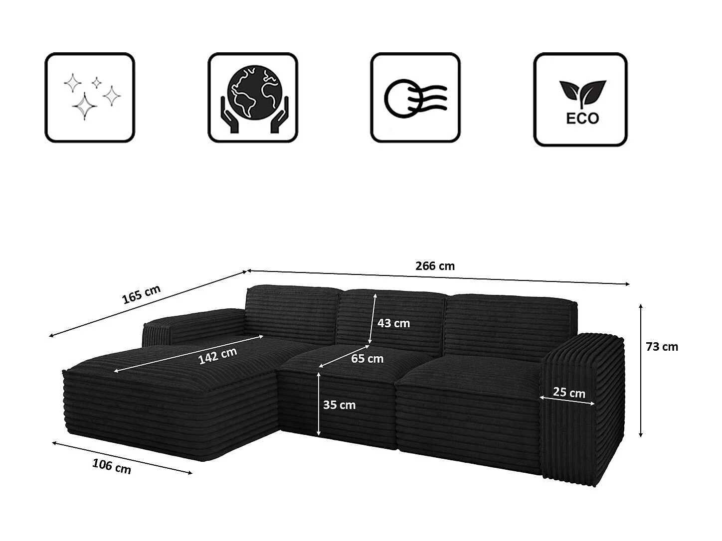 Ecksofa L-Form Siena Stoff Velo Schwarz Links