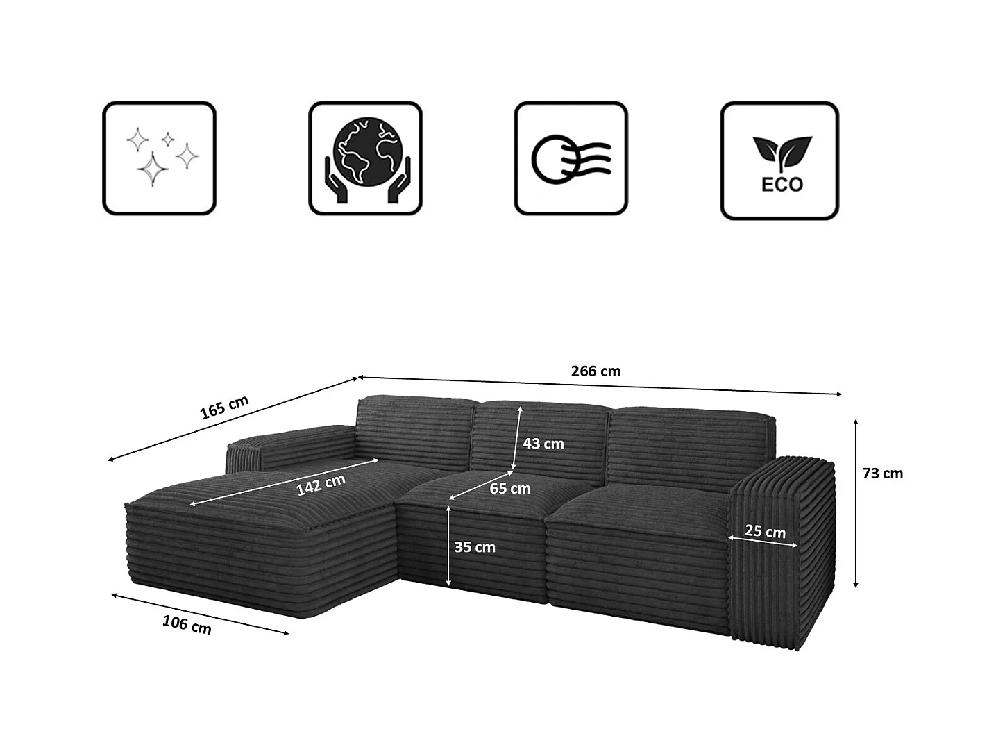Ecksofa L-Form Siena Stoff Velo Graphit Links