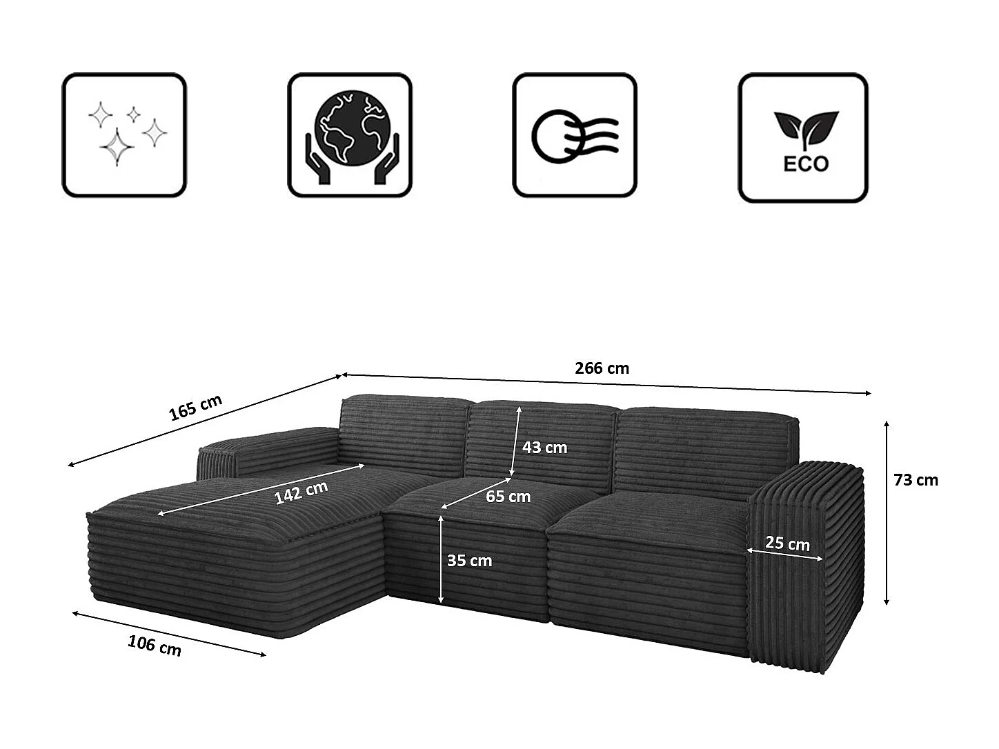 Ecksofa L-Form Siena Stoff Velo Graphit Links