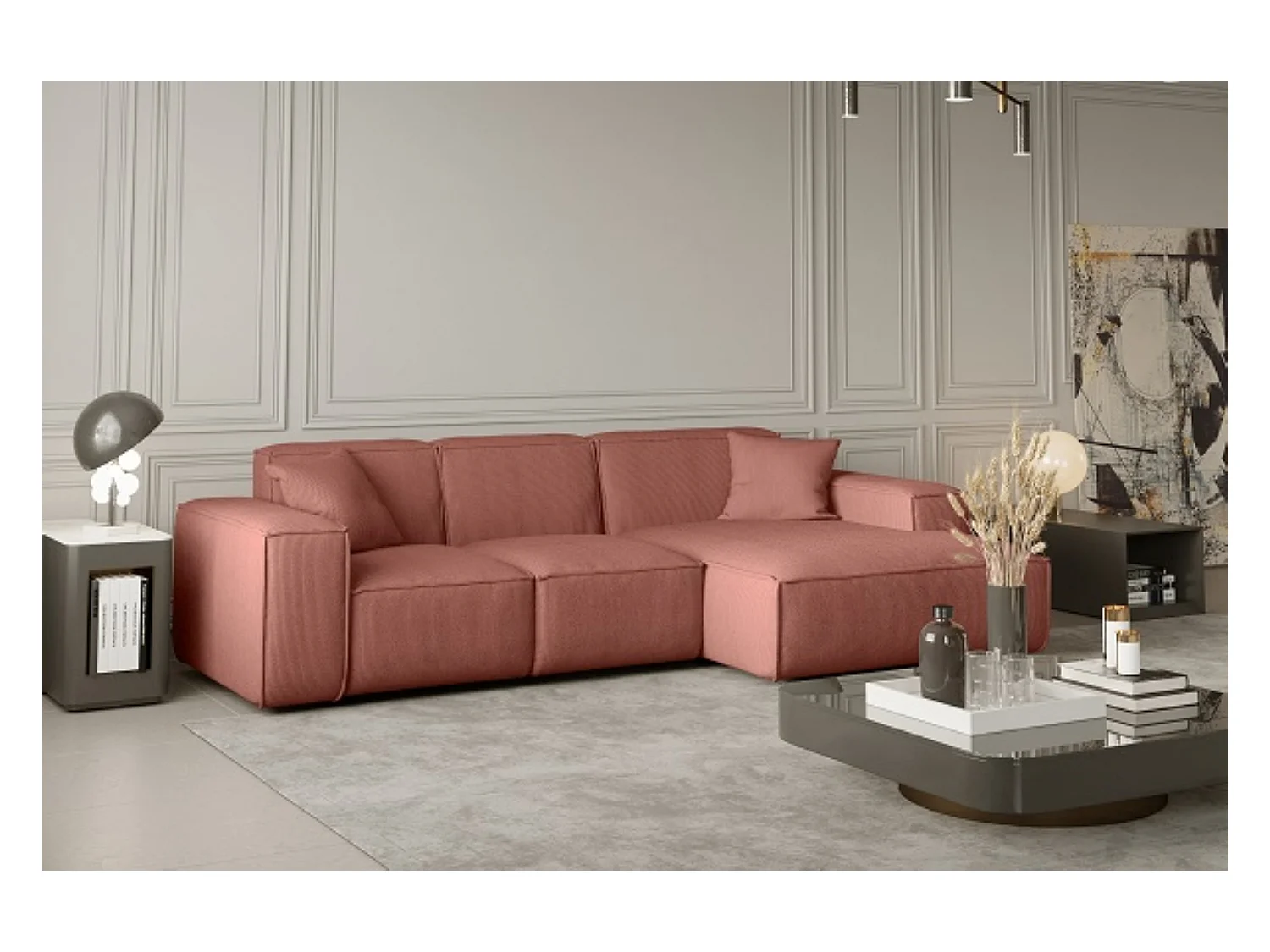 Canapé d'angle PULA en L, tissu Scala, saumon, droit