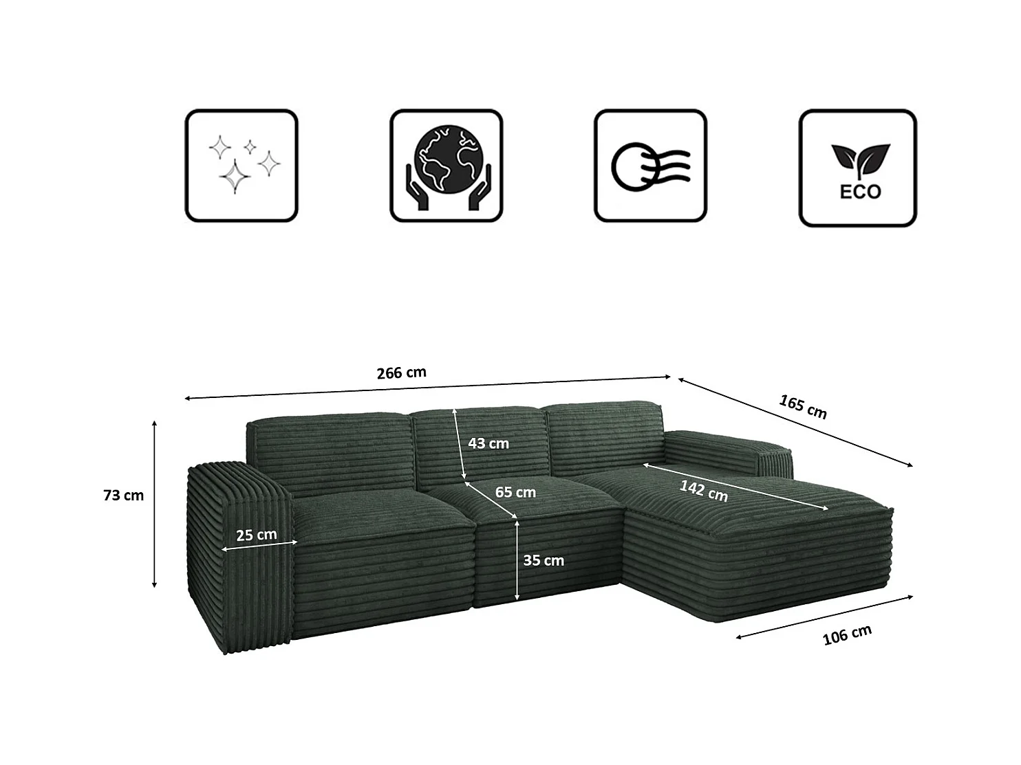 Ecksofa L-Form Siena Stoff Velo Grün Rechts