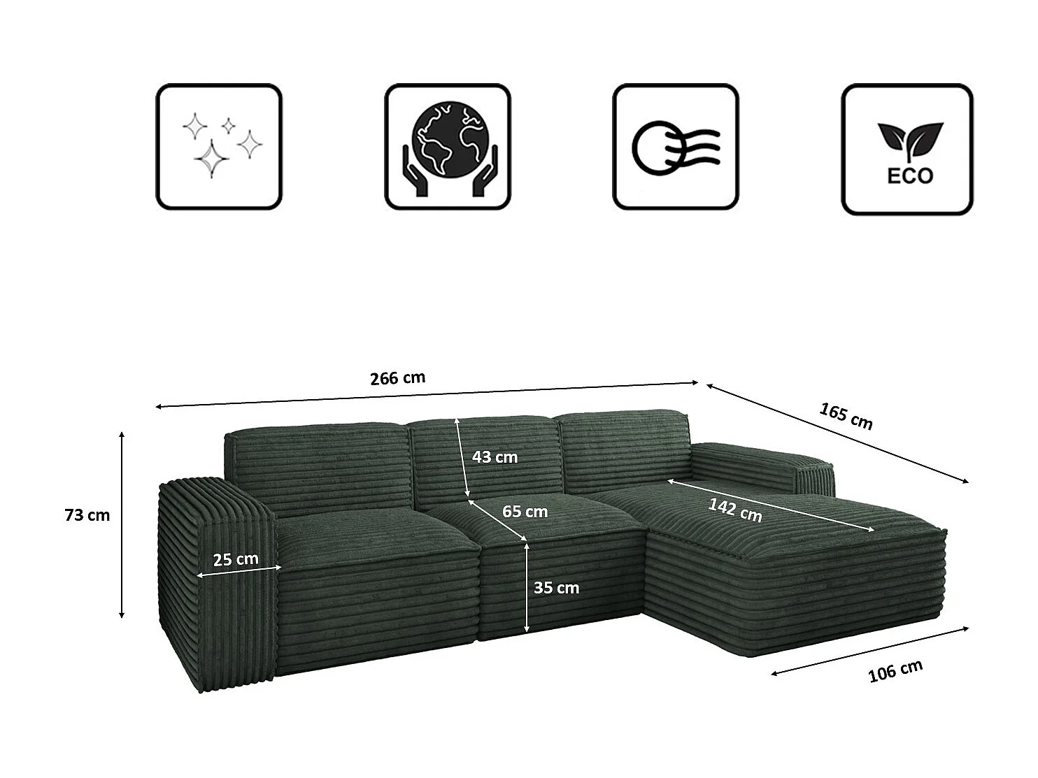 Ecksofa L-Form Siena Stoff Velo Grün Rechts