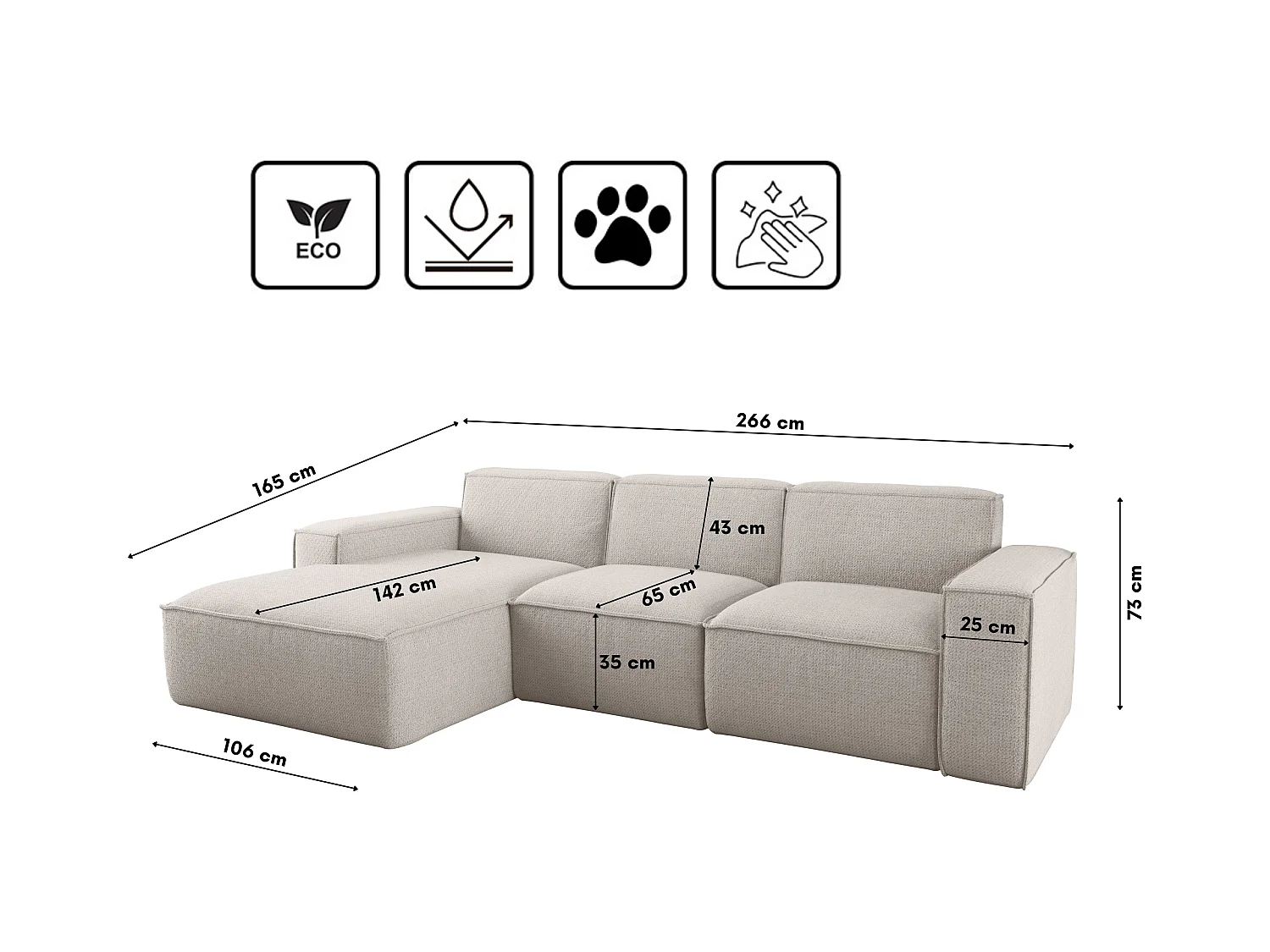 Canapé d'angle forme L Siena tissu Artico Nata Gauche