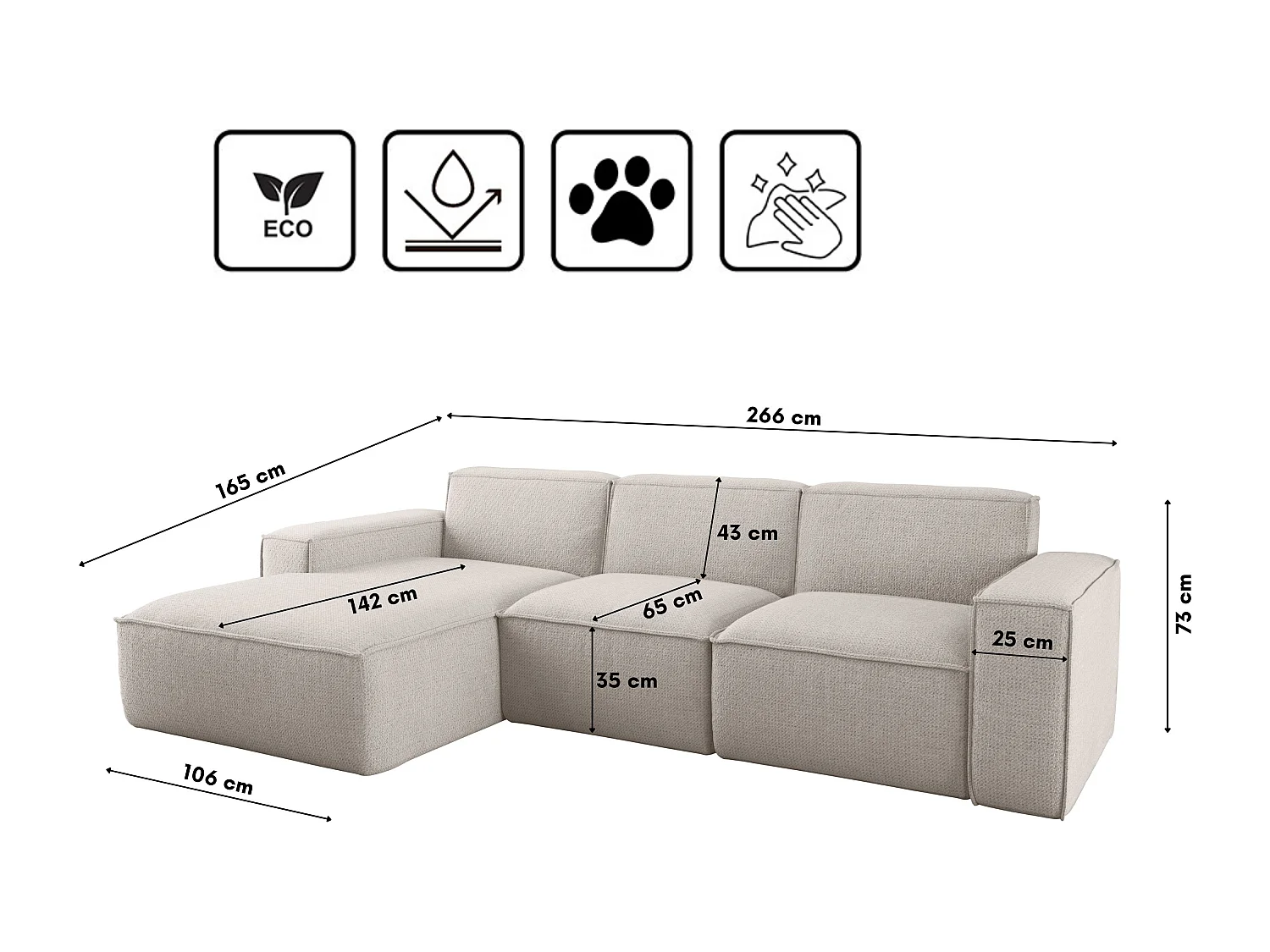 Canapé d'angle forme L Siena tissu Artico Nata Gauche