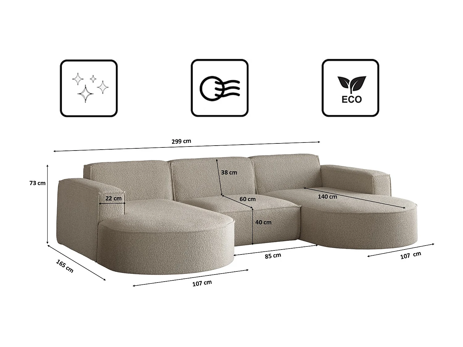 Canapé d'angle Modena en U, tissu Quelle, beige foncé