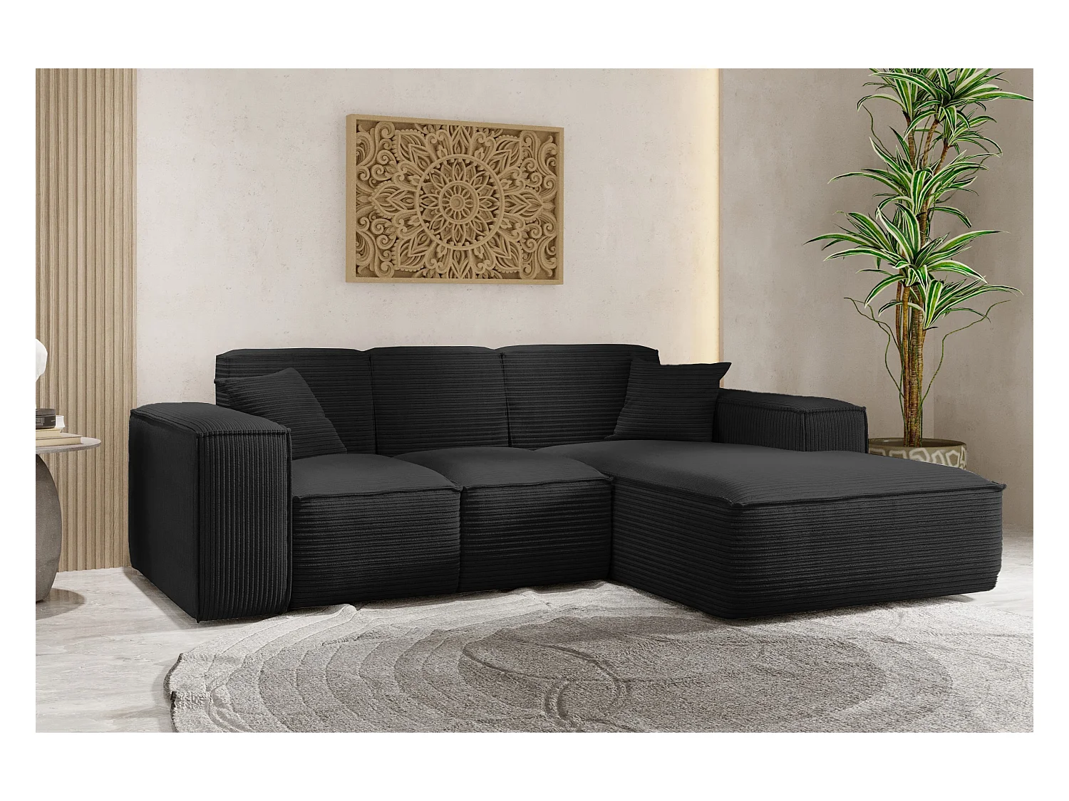 Canapé d'angle, canapé d'angle en L, salon, tissu SIENA Poso, noir, droite