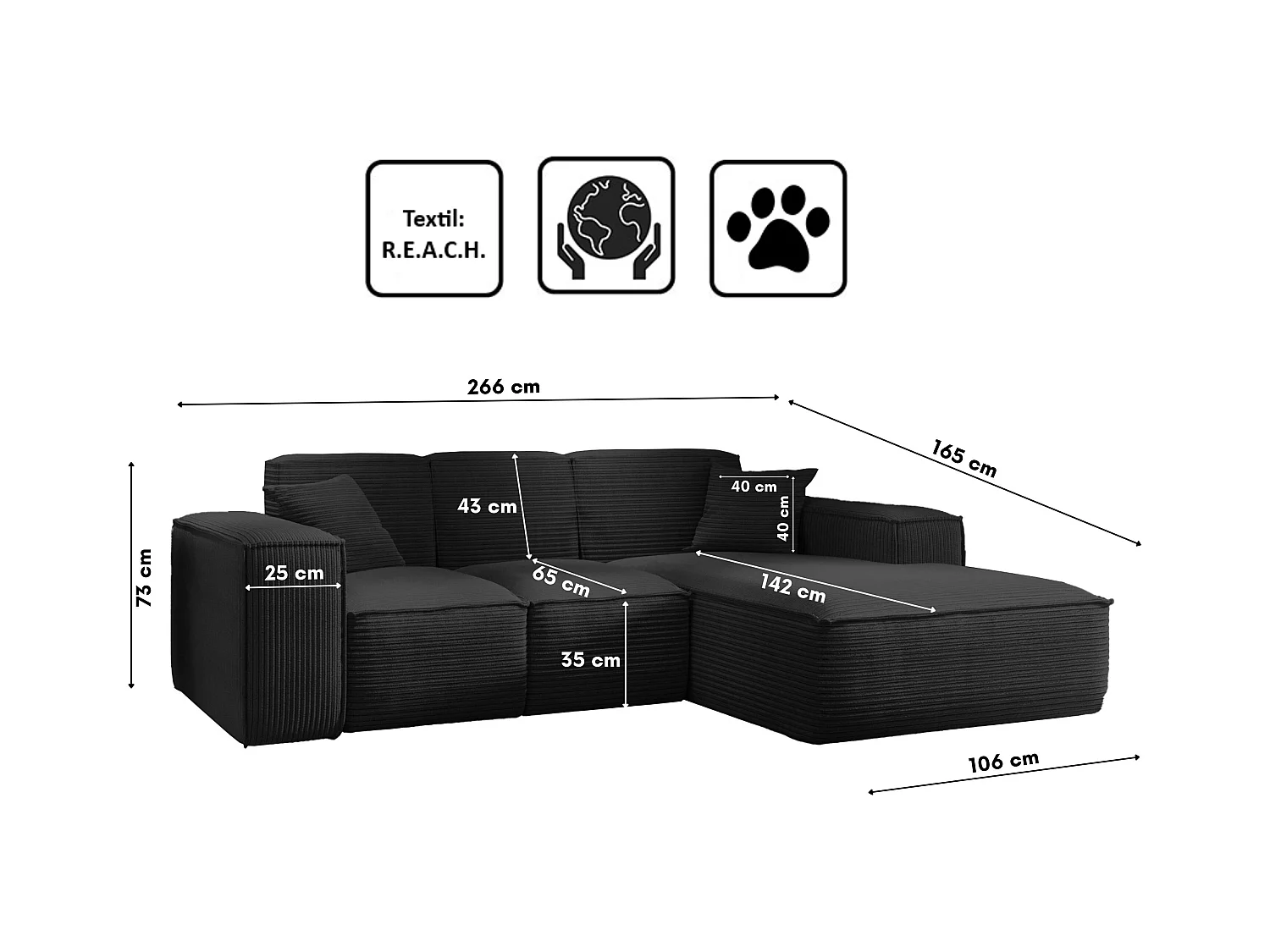 Canapé d'angle, canapé d'angle en L, salon, tissu SIENA Poso, noir, droite