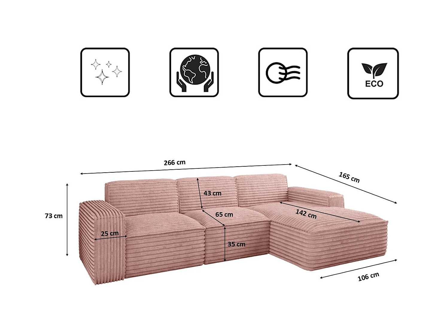 Ecksofa L-Form Siena Stoff Velo Rosa Rechts