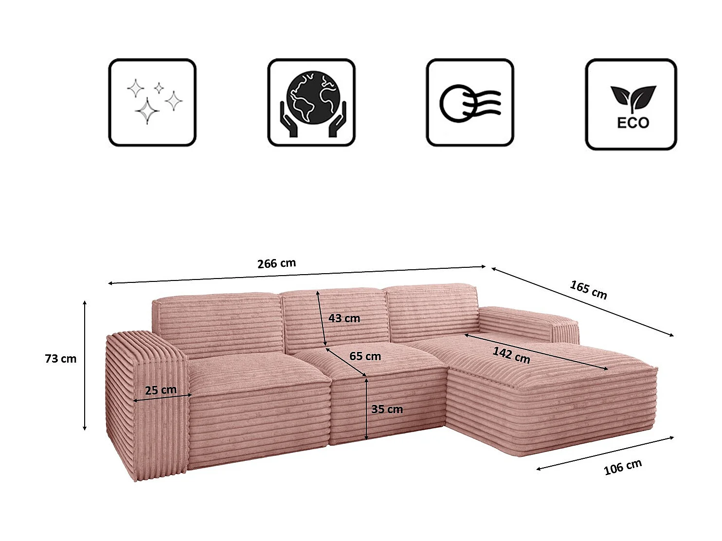 Ecksofa L-Form Siena Stoff Velo Rosa Rechts