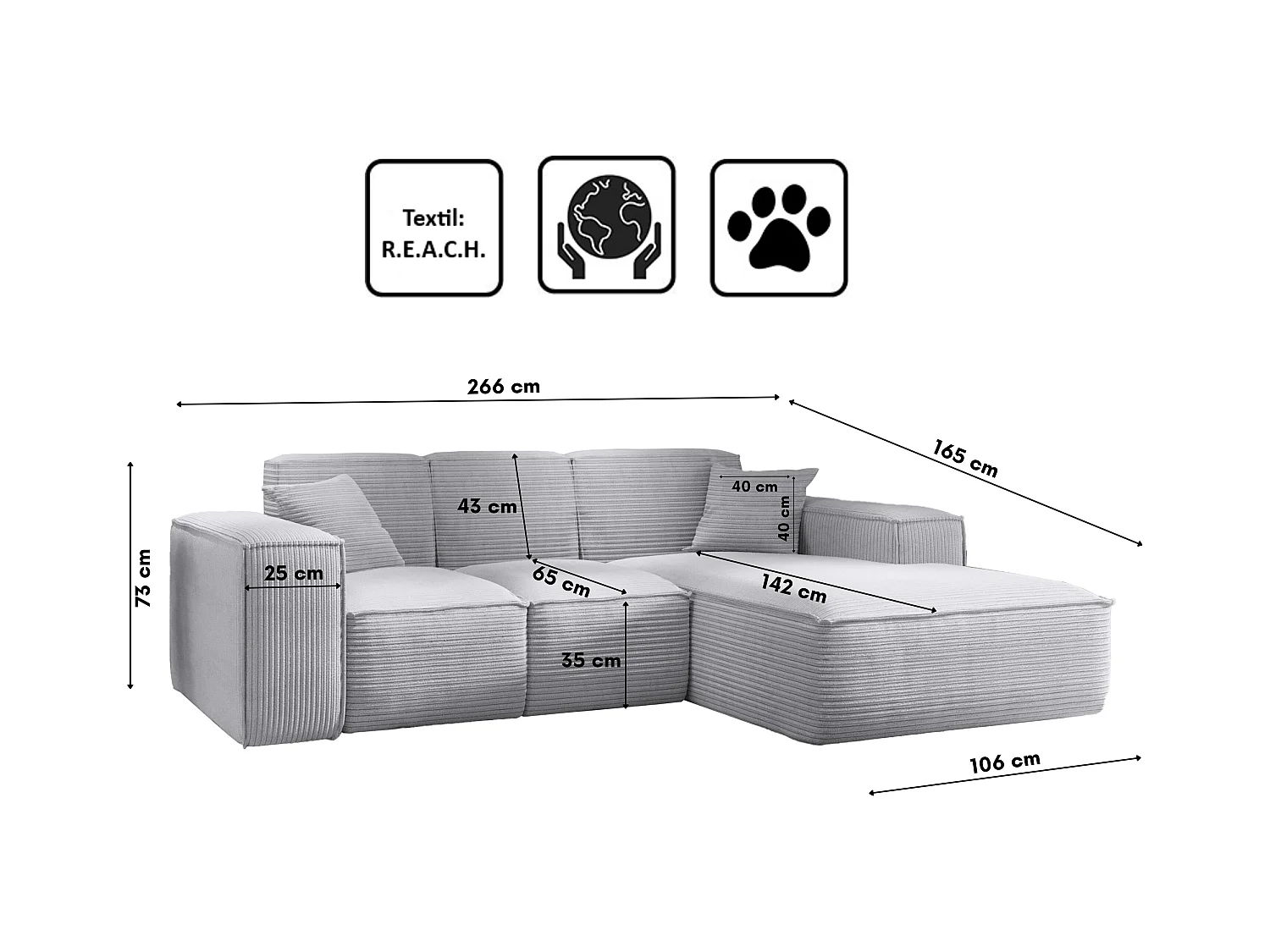 Canapé d'angle, canapé d'angle en L, salon, canapé SIENA en tissu Poso, gris clair, droite