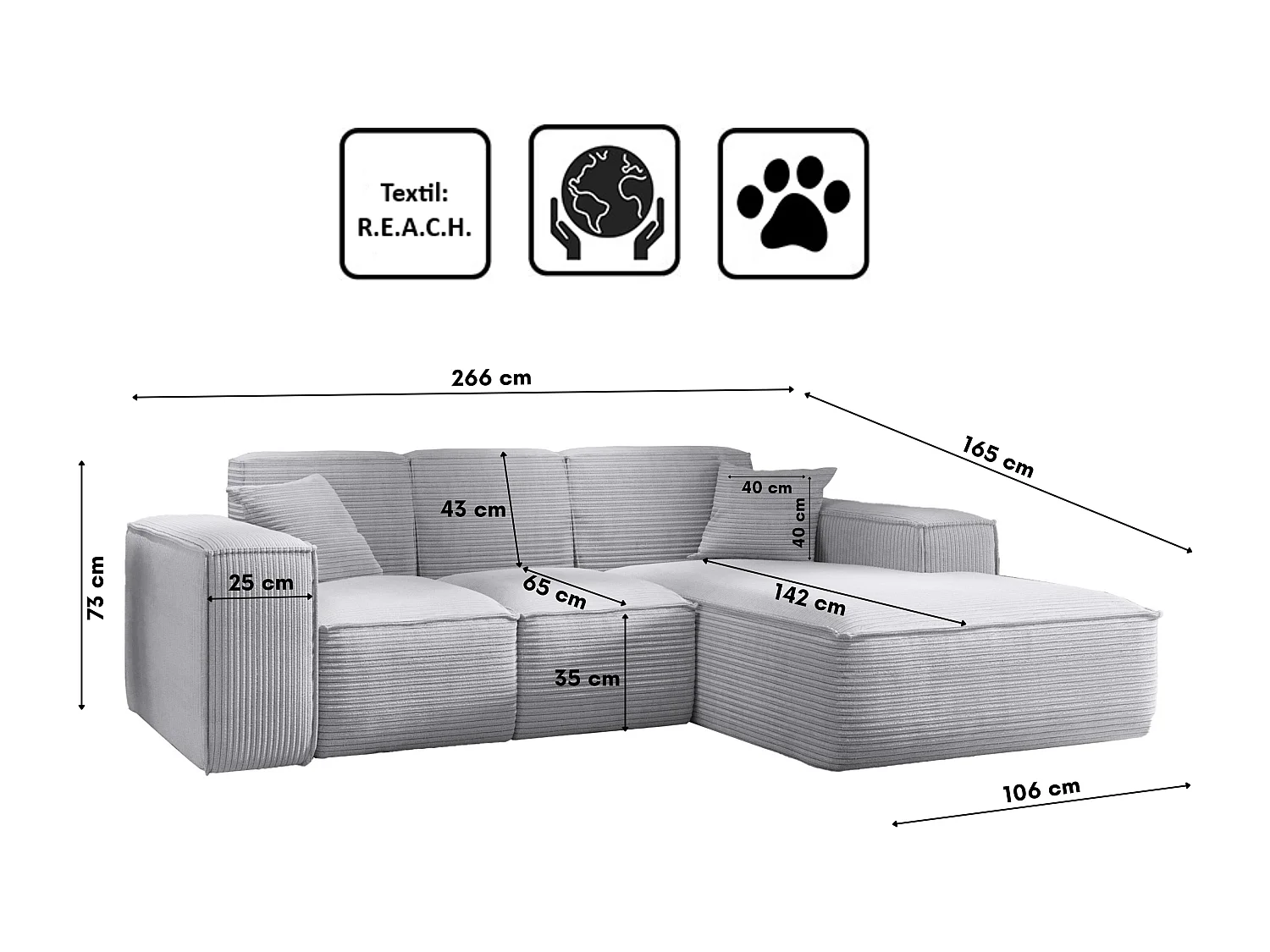 Canapé d'angle, canapé d'angle en L, salon, canapé SIENA en tissu Poso, gris clair, droite