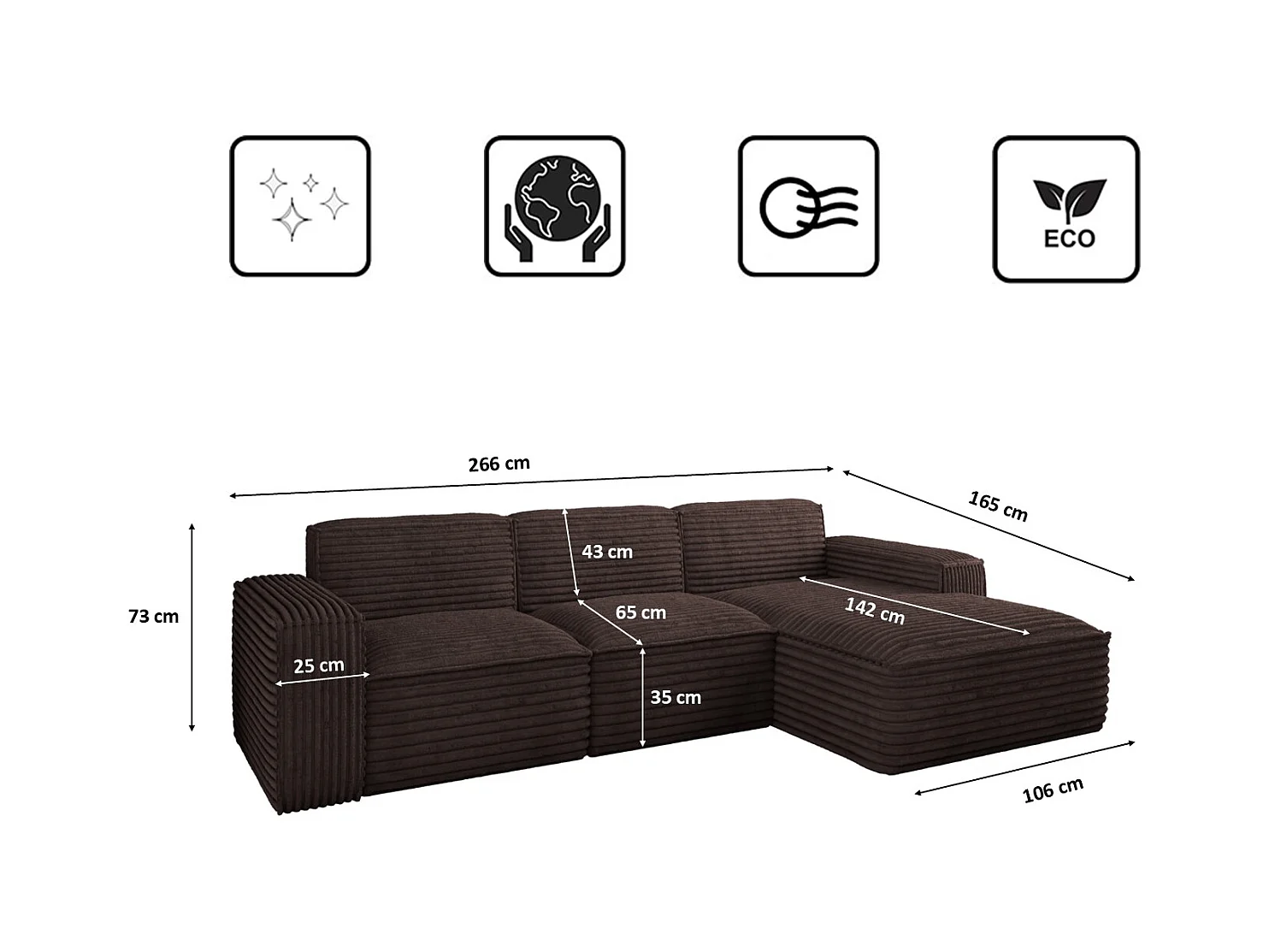 Ecksofa L-Form Siena Stoff Velo Braun Rechts