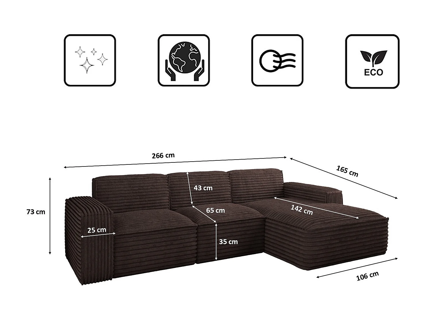 Ecksofa L-Form Siena Stoff Velo Braun Rechts