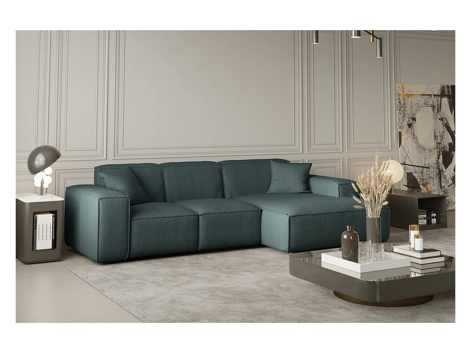 Canapé d'angle PULA en L, tissu Scala, océan, droit