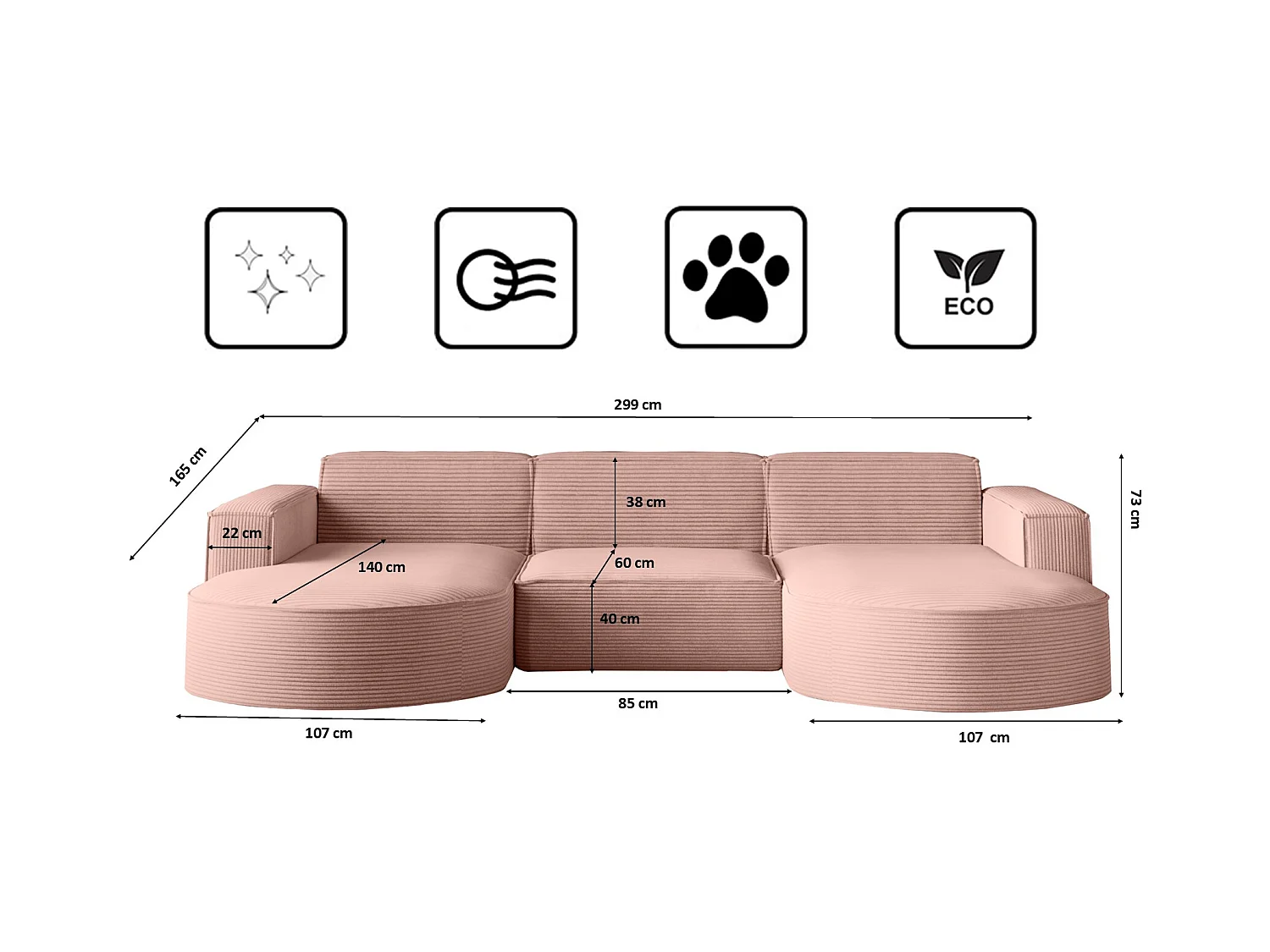 Canapé d'angle Modena en U, tissu Poso, rose