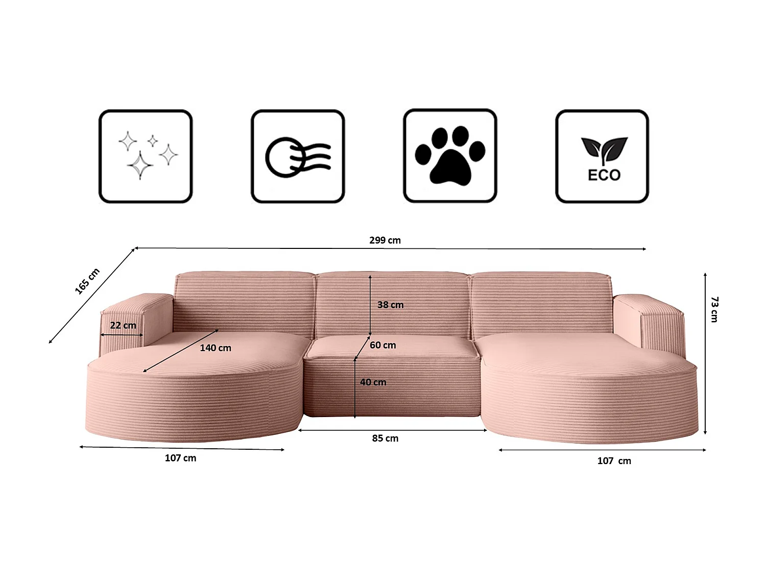 Canapé d'angle Modena en U, tissu Poso, rose