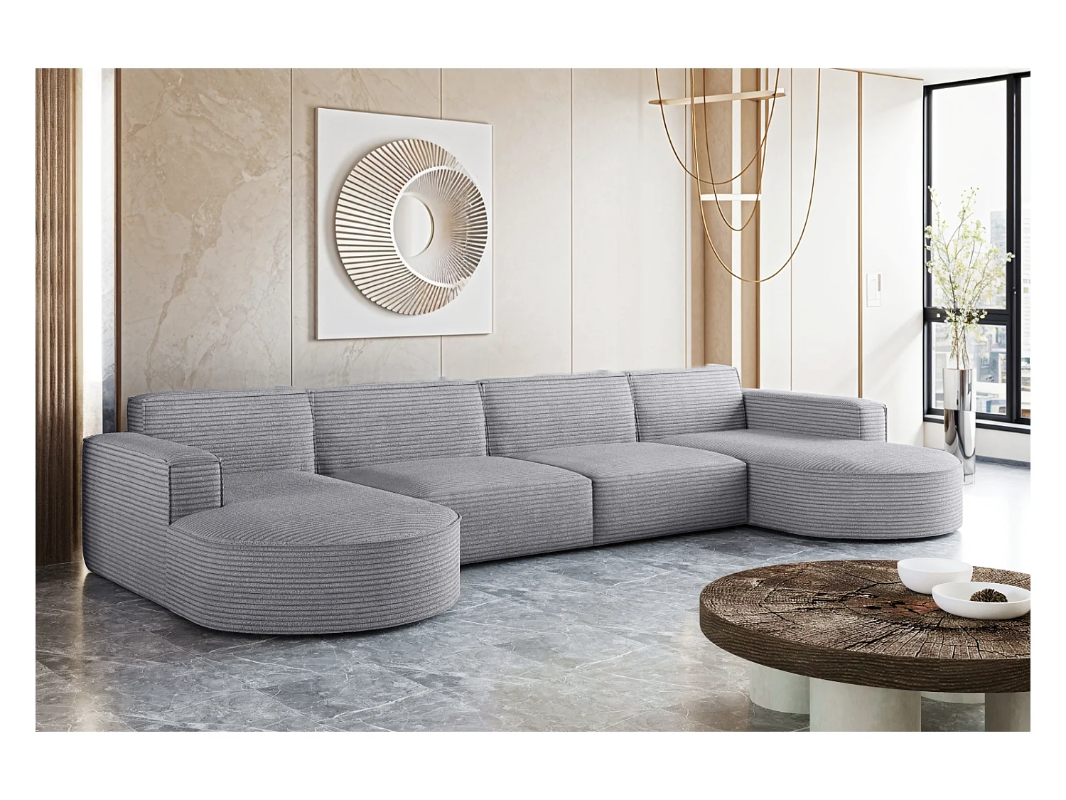 Divano angolare, Modena U XL, tessuto Poso, grigio chiaro
