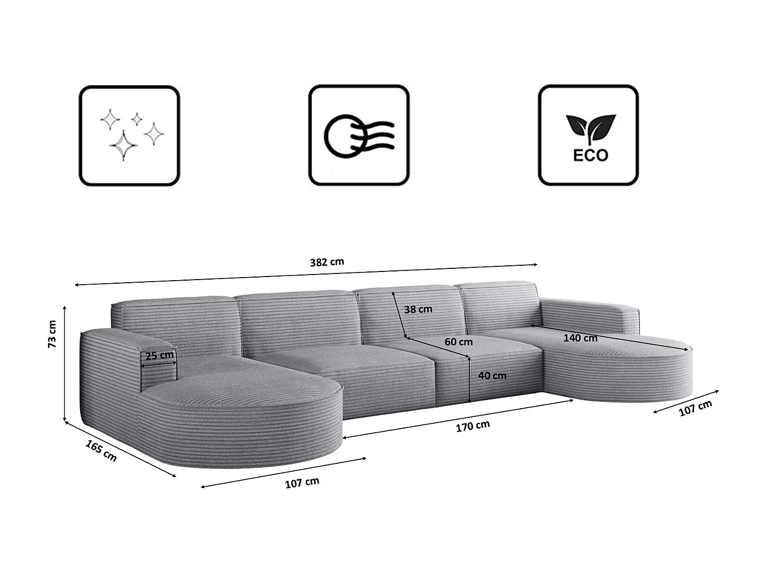 Canapé d'angle, Modena U XL, tissu Poso, gris clair