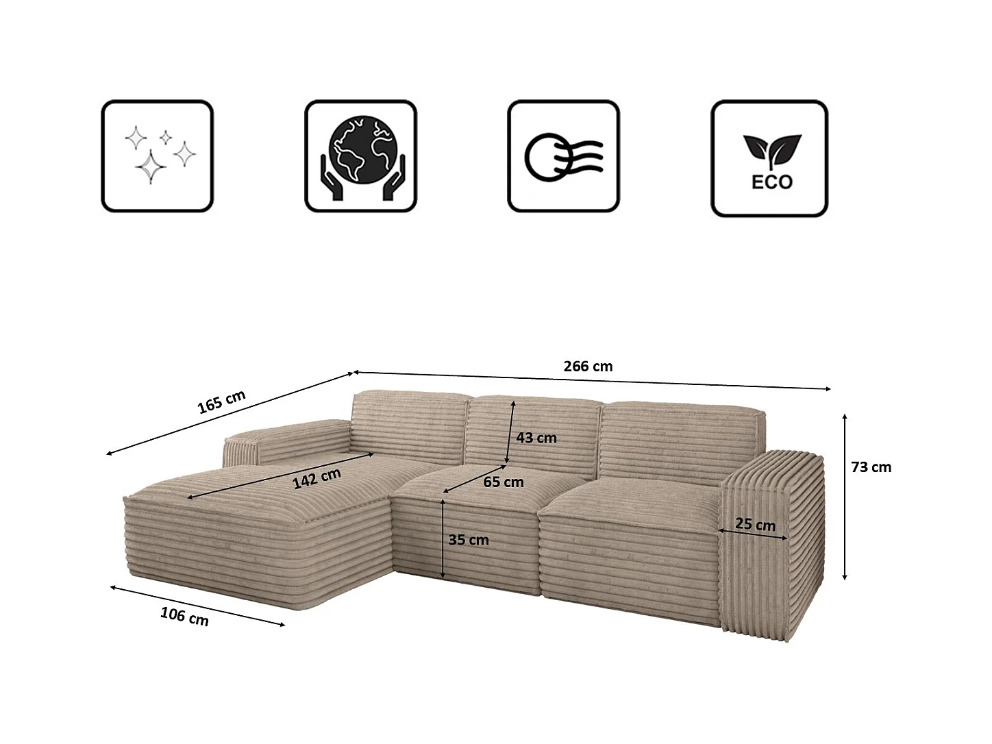 Ecksofa L-Form Siena Stoff Velo Beige Links