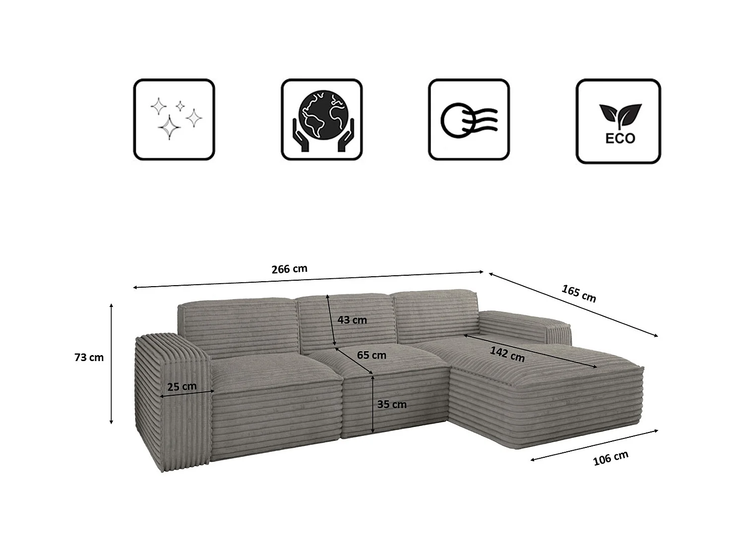 Ecksofa L-Form Siena Stoff Velo Grau Rechts