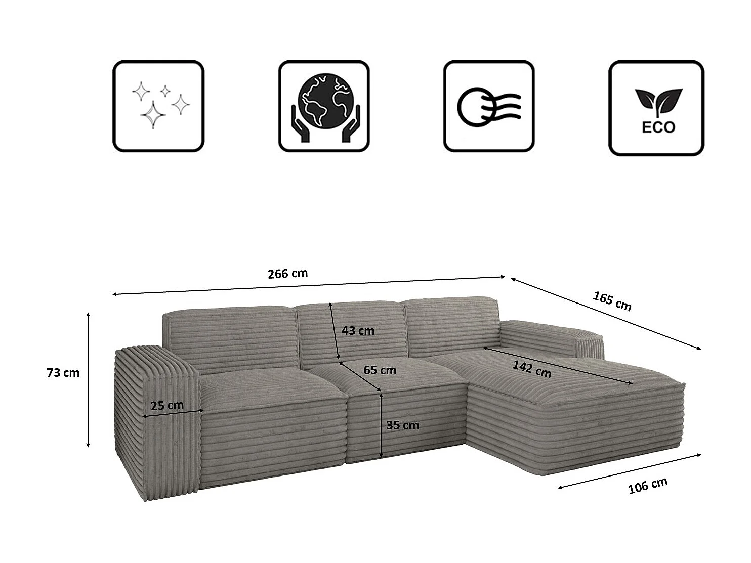 Ecksofa L-Form Siena Stoff Velo Grau Rechts