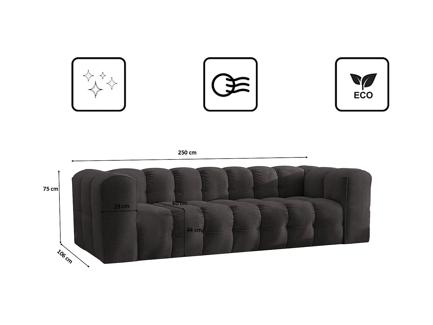 Sofa 4-Sitzer, Komfort Couch BALOO, stoff Schenille, Schwarz