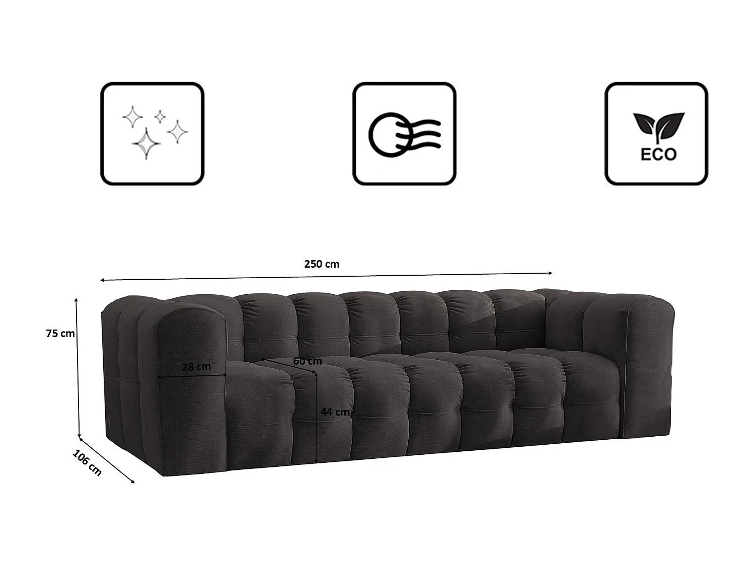 Sofa 4-Sitzer, Komfort Couch BALOO, stoff Schenille, Schwarz