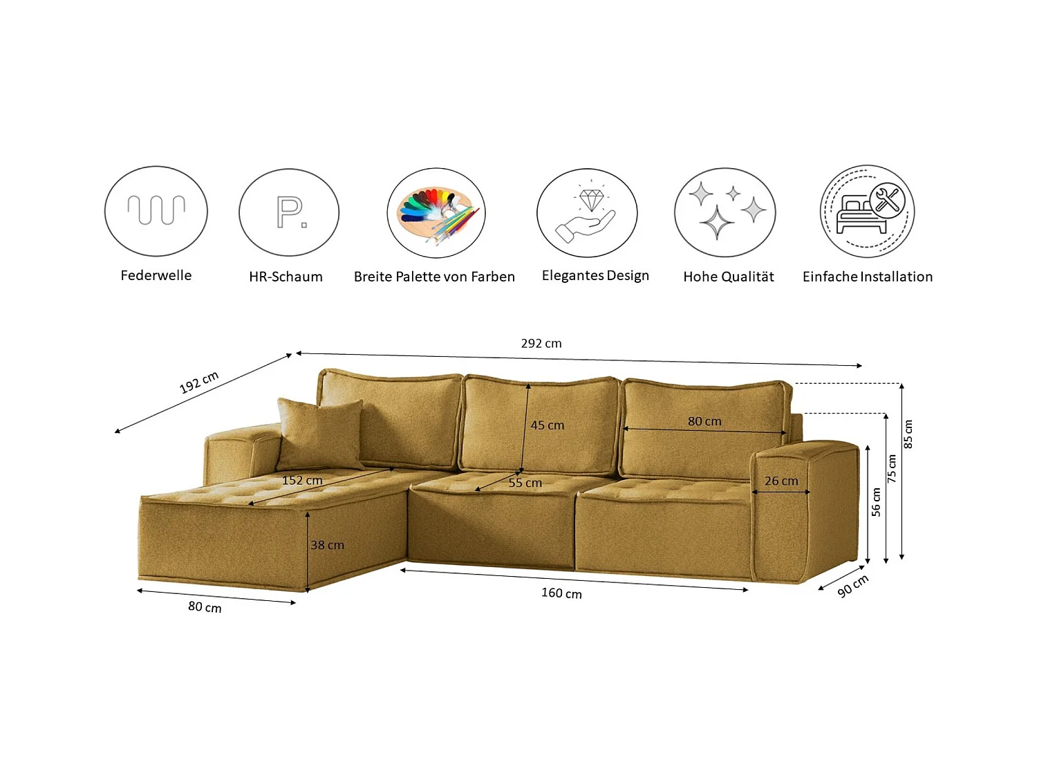 Canapé d'angle Bohoo Maxi en L, tissu Raven, jaune, gauche