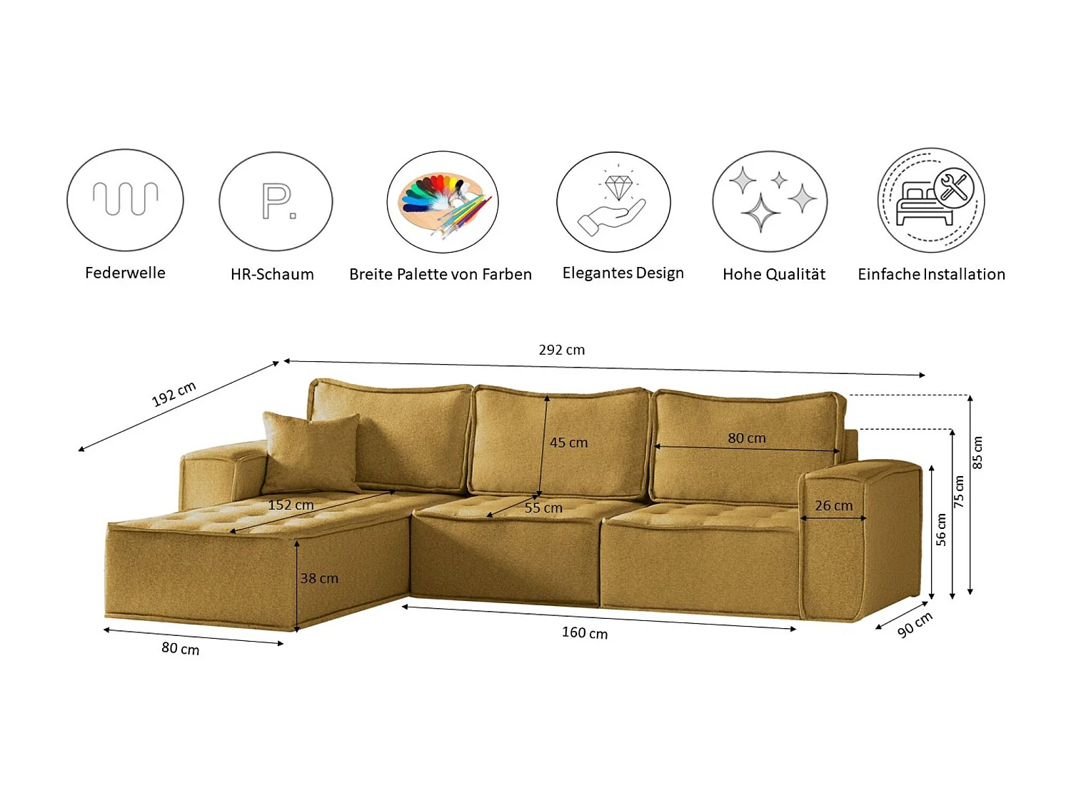 Canapé d'angle Bohoo Maxi en L, tissu Raven, jaune, gauche