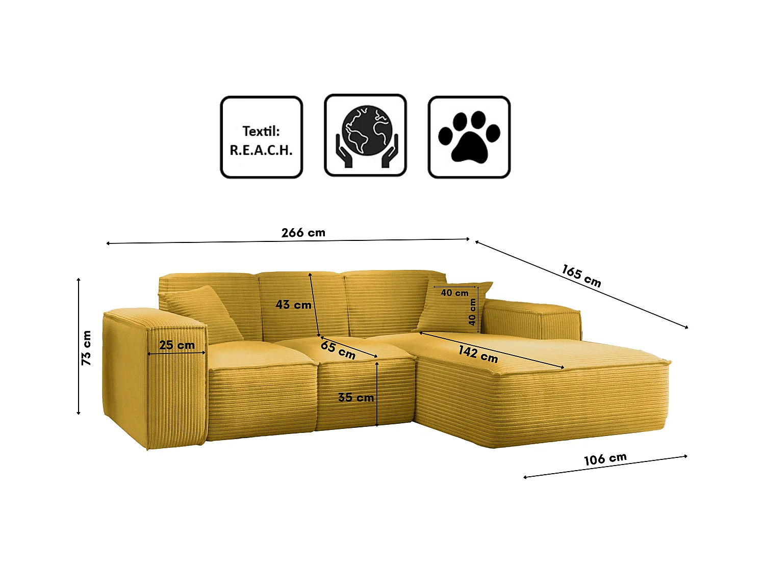 Canapé d'angle, canapé d'angle en L, salon, canapé Poso en tissu SIENA, jaune, à droite
