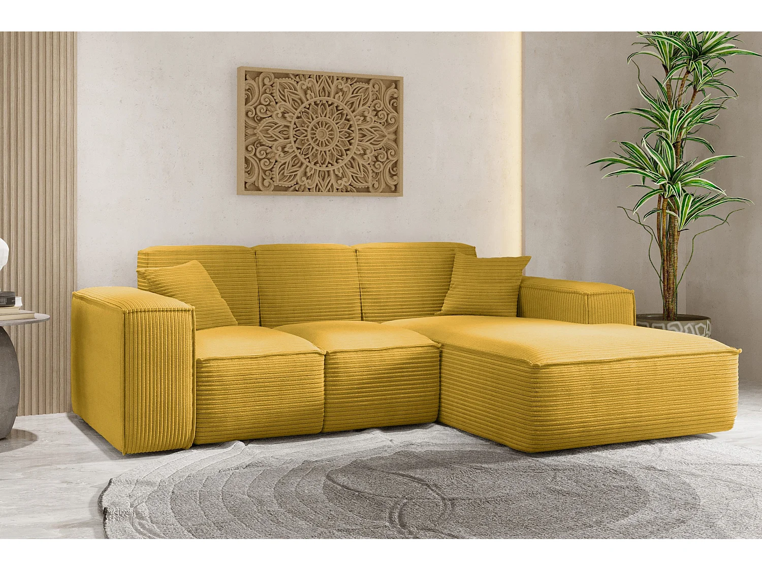 Canapé d'angle, canapé d'angle en L, salon, canapé Poso en tissu SIENA, jaune, à droite